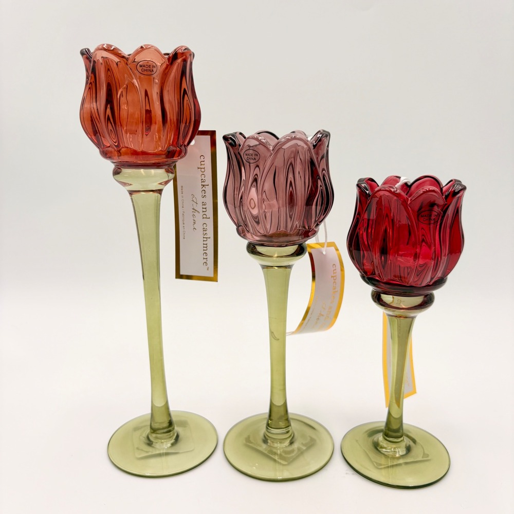 Cupcakes and Cashmere Glass Tulip Tea Light Candle Holder Set Autumn